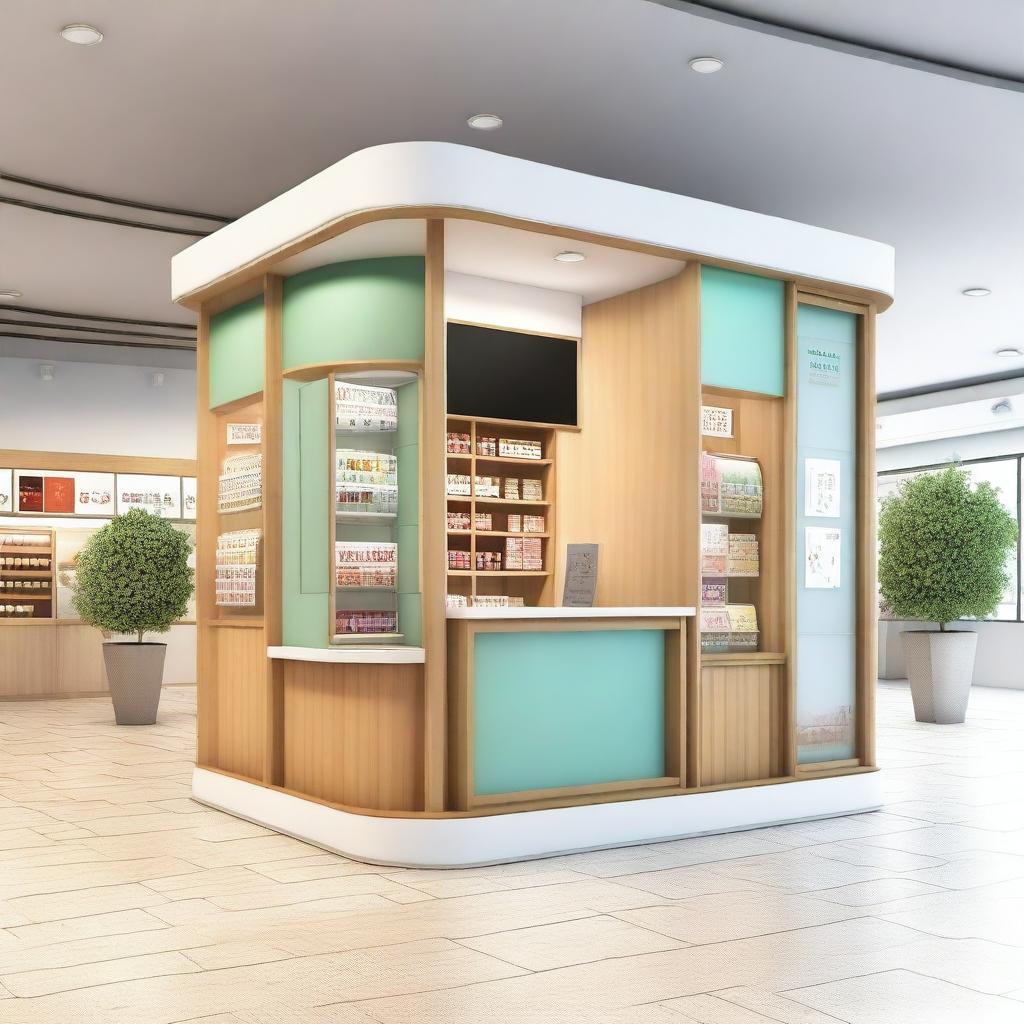 A high-quality, realistic 3D rendering of a multi-functional retail kiosk