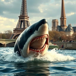 A realistic portrayal of a large, menacing shark attacking in the Seine River in Paris