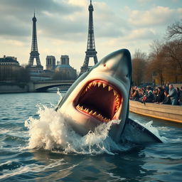 A realistic portrayal of a large, menacing shark attacking in the Seine River in Paris