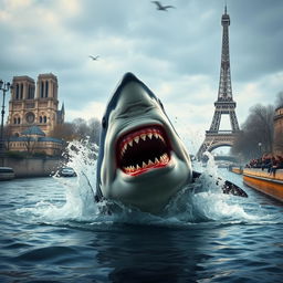 A realistic portrayal of a large, menacing shark attacking in the Seine River in Paris