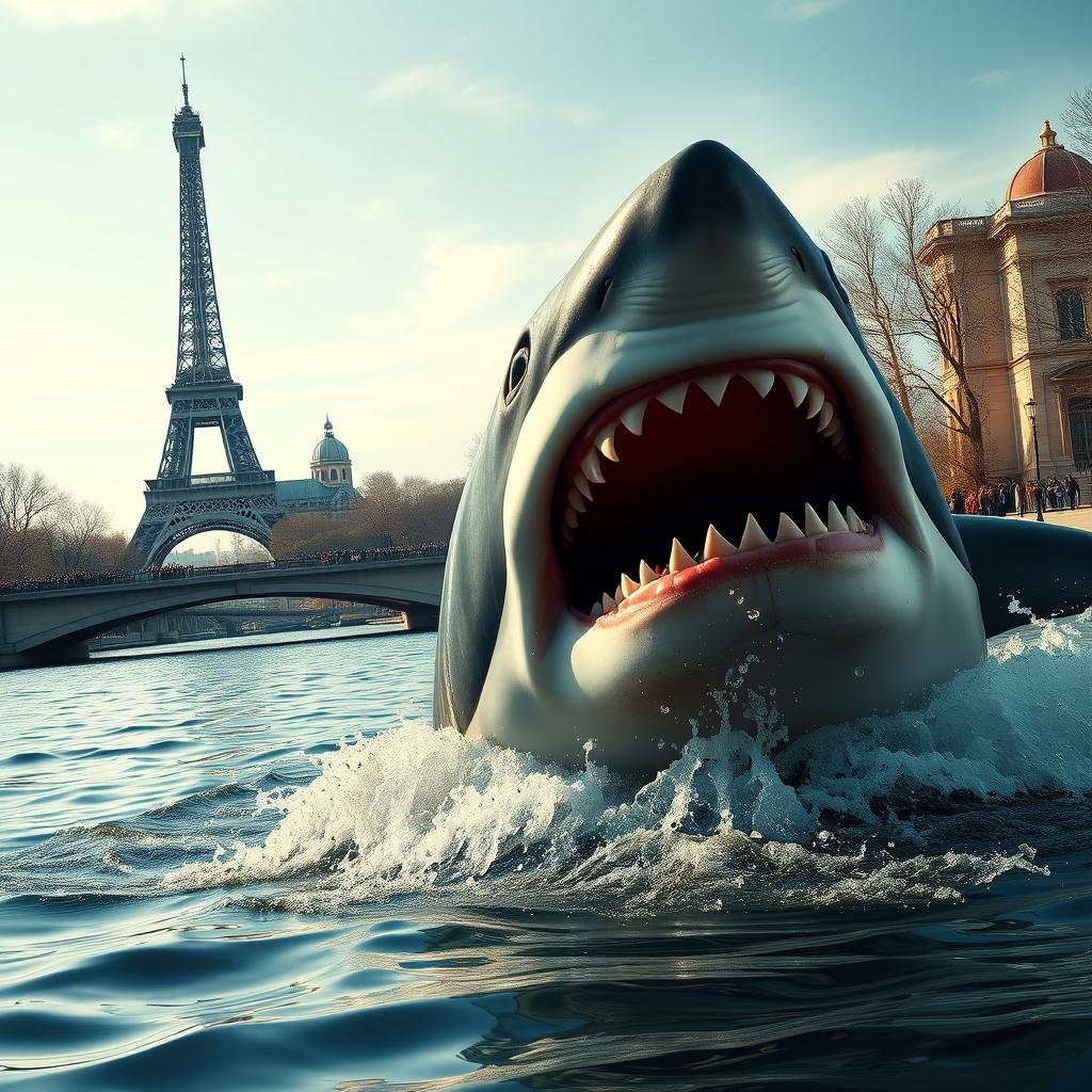 A realistic portrayal of a large, menacing shark attacking in the Seine River in Paris