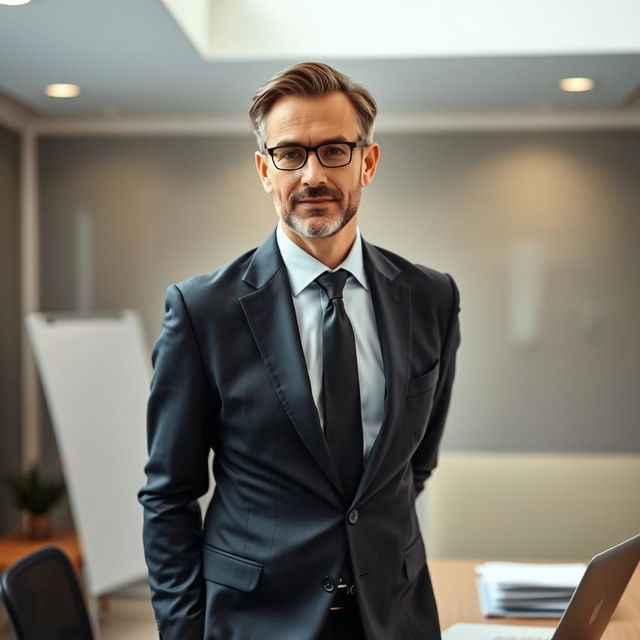 A very clear ultra HD dynamic image of a middle-aged businessman, well-dressed in a tailored suit with a sharp tie