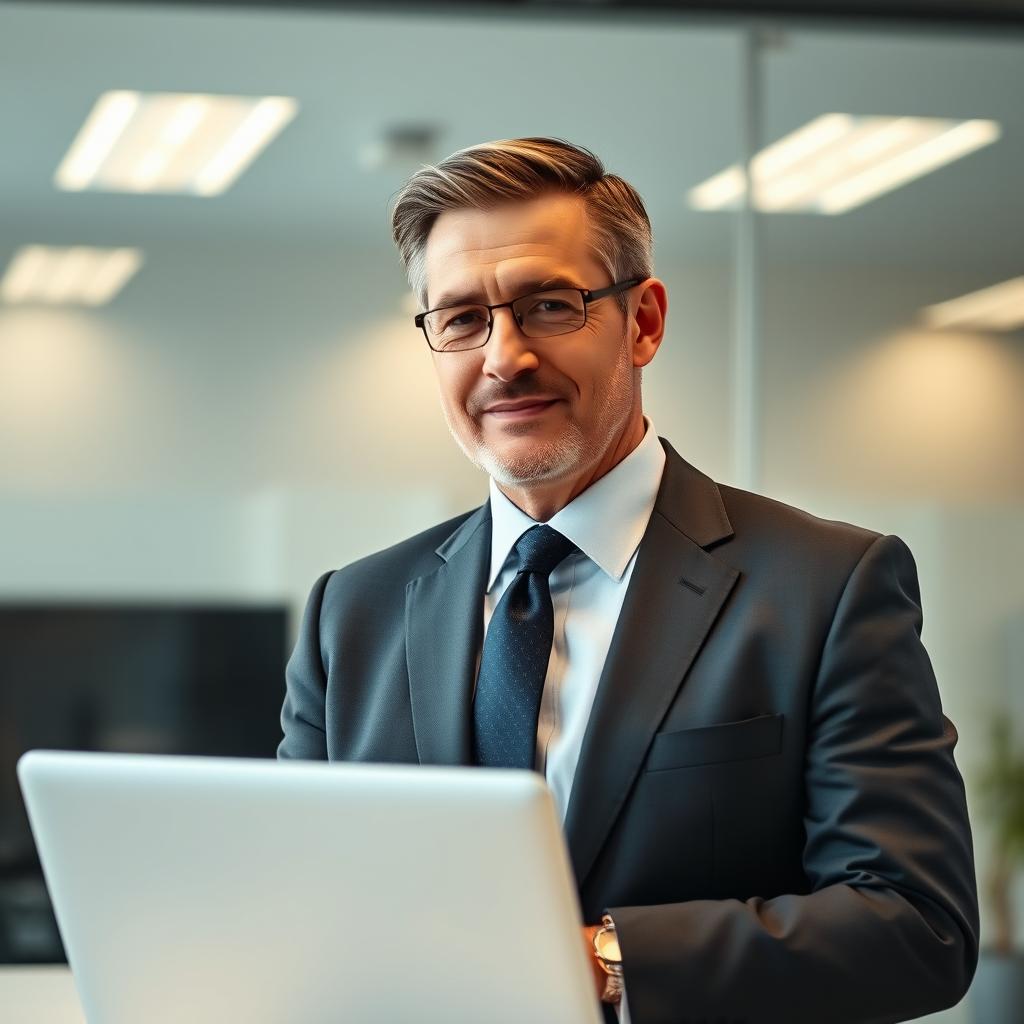 A very clear ultra HD dynamic image of a middle-aged businessman, well-dressed in a tailored suit with a sharp tie