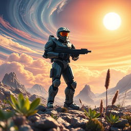 A hyper-realistic depiction of a futuristic soldier in a visually striking halo armor, standing on a rocky alien landscape under a bright halo-like sun