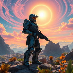 A hyper-realistic depiction of a futuristic soldier in a visually striking halo armor, standing on a rocky alien landscape under a bright halo-like sun