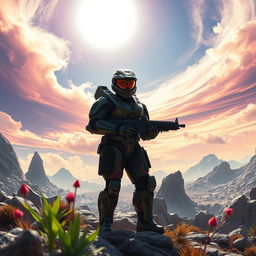 A hyper-realistic depiction of a futuristic soldier in a visually striking halo armor, standing on a rocky alien landscape under a bright halo-like sun