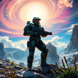 A hyper-realistic depiction of a futuristic soldier in a visually striking halo armor, standing on a rocky alien landscape under a bright halo-like sun