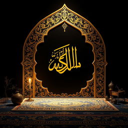 A beautiful artistic representation of an Islamic scene featuring elegant calligraphy and ornate geometric patterns