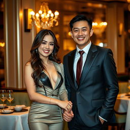 An elegant scene featuring a Chinese man in a stylish suit, holding hands with a beautiful woman