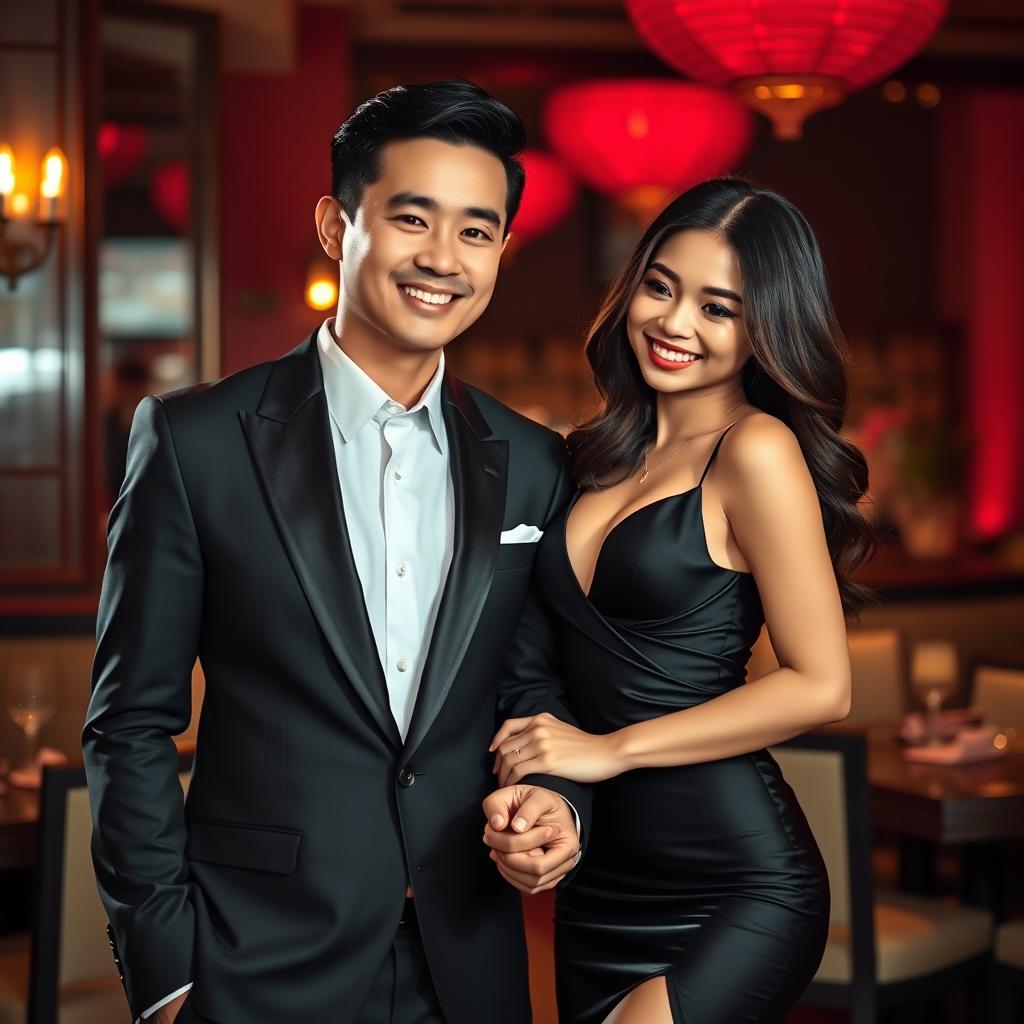 An elegant scene featuring a Chinese man in a stylish suit, holding hands with a beautiful woman