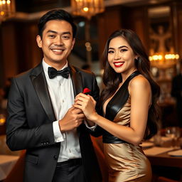 An elegant scene featuring a Chinese man in a stylish suit, holding hands with a beautiful woman