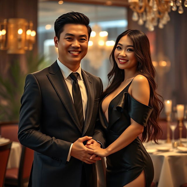 An elegant scene featuring a Chinese man in a stylish suit, holding hands with a beautiful woman