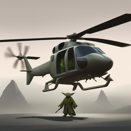 A digital art piece depicting a helicopter with a unique twist - its body is designed as Yoda's face from Star Wars