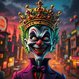 A whimsical and menacing version of the Joker character wearing a large, extravagant crown adorned with jewels