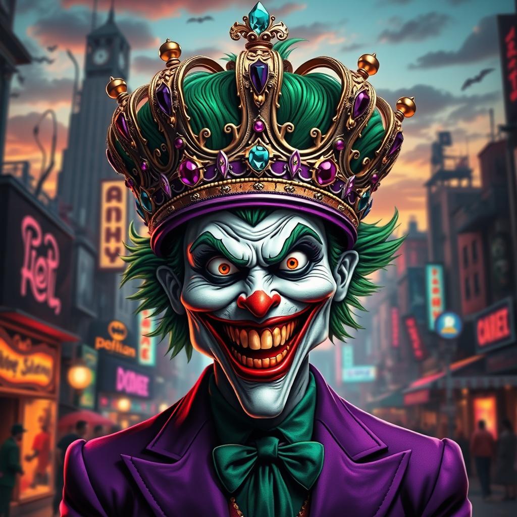 A whimsical and menacing version of the Joker character wearing a large, extravagant crown adorned with jewels