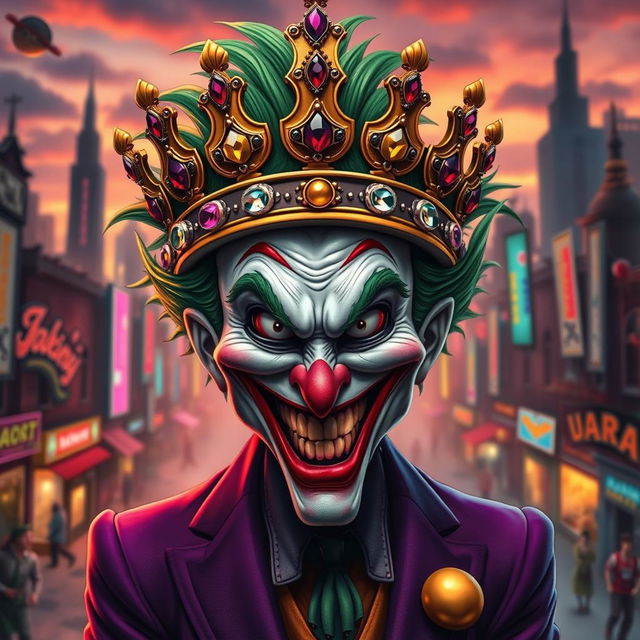 A whimsical and menacing version of the Joker character wearing a large, extravagant crown adorned with jewels