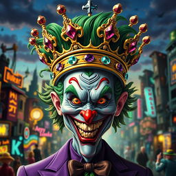 A whimsical and menacing version of the Joker character wearing a large, extravagant crown adorned with jewels