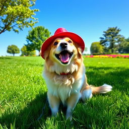 A playful dog wearing a bright red hat, sitting in a sunny park with vibrant green grass