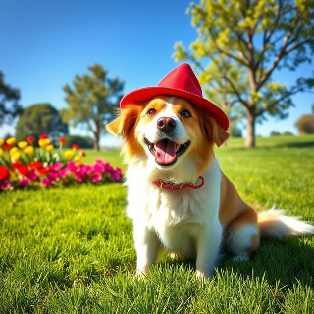 A playful dog wearing a bright red hat, sitting in a sunny park with vibrant green grass