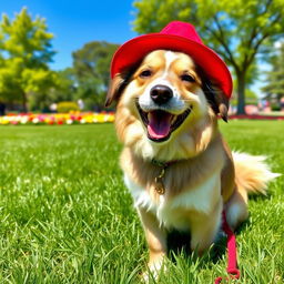 A playful dog wearing a bright red hat, sitting in a sunny park with vibrant green grass
