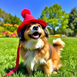 A playful dog wearing a bright red hat, sitting in a sunny park with vibrant green grass