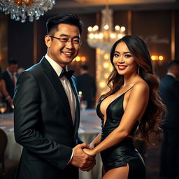 A captivating scene featuring a Chinese man in a sharply tailored suit, holding hands with a stunningly beautiful woman
