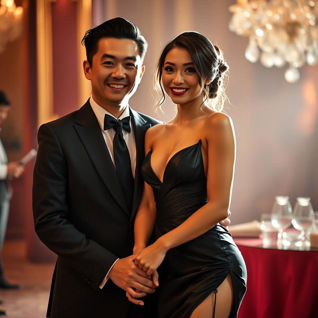 A captivating scene featuring a Chinese man in a sharply tailored suit, holding hands with a stunningly beautiful woman