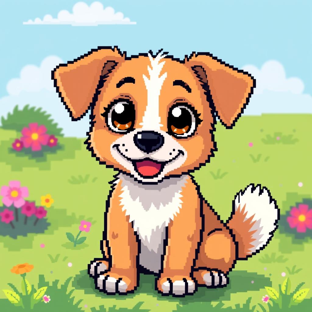 A charming pixel art representation of a cute dog with big expressive eyes, sitting happily