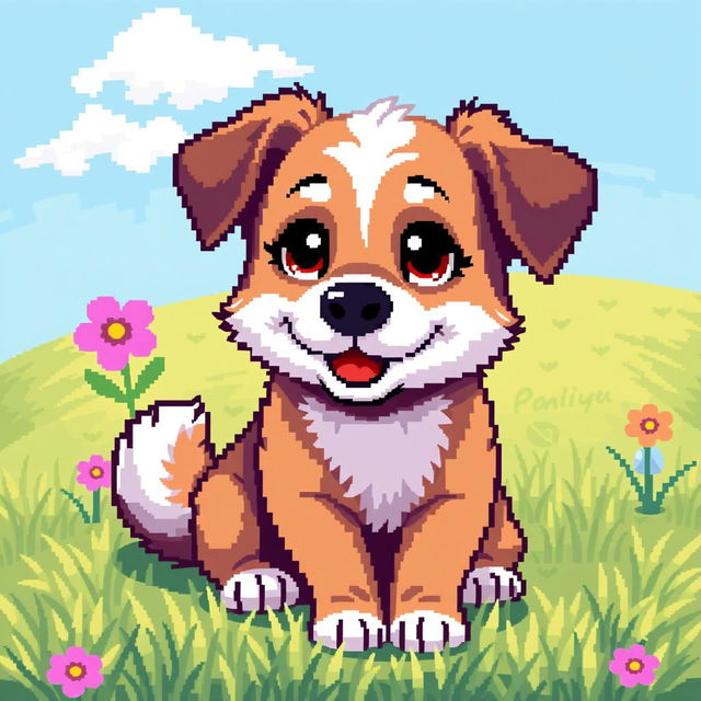 A charming pixel art representation of a cute dog with big expressive eyes, sitting happily