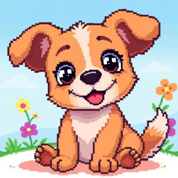 A charming pixel art representation of a cute dog with big expressive eyes, sitting happily