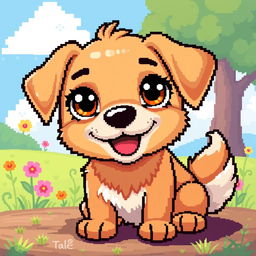 A charming pixel art representation of a cute dog with big expressive eyes, sitting happily