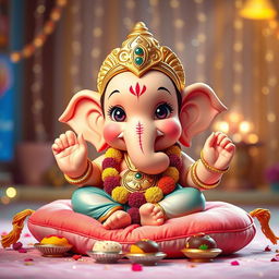 A charming and adorable depiction of Baby Ganapati Bappa, featuring a very cute face with oversized, expressive eyes, and a playful smile