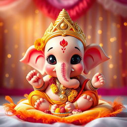 A charming and adorable depiction of Baby Ganapati Bappa, featuring a very cute face with oversized, expressive eyes, and a playful smile