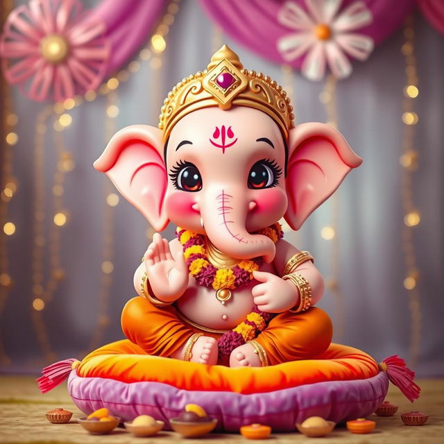 A charming and adorable depiction of Baby Ganapati Bappa, featuring a very cute face with oversized, expressive eyes, and a playful smile