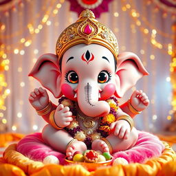 A charming and adorable depiction of Baby Ganapati Bappa, featuring a very cute face with oversized, expressive eyes, and a playful smile