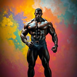 A powerful, muscular black figure standing confidently in a dynamic pose, showcasing superb strength and athleticism
