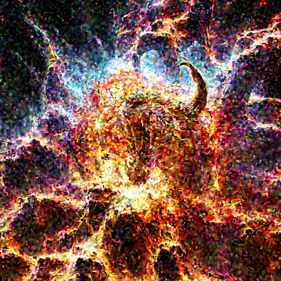 The digital art piece showcases an intergalactic explosion separating galaxies