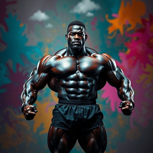 A powerful, muscular black figure standing confidently in a dynamic pose, showcasing superb strength and athleticism
