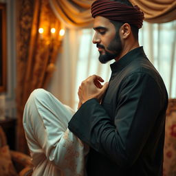 A sensual and romantic scene depicting an intimate connection between a couple, focusing on a Muslim man in traditional attire, showcasing his charismatic presence