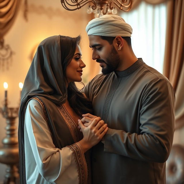 A sensual and romantic scene depicting an intimate connection between a couple, focusing on a Muslim man in traditional attire, showcasing his charismatic presence