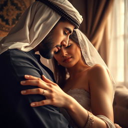 A sensual and romantic scene depicting an intimate connection between a couple, focusing on a Muslim man in traditional attire, showcasing his charismatic presence