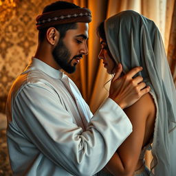 A sensual and romantic scene depicting an intimate connection between a couple, focusing on a Muslim man in traditional attire, showcasing his charismatic presence