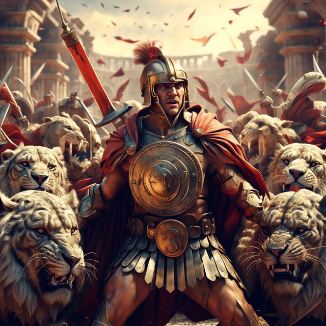 A high-quality 3D render of a powerful Roman gladiator, representing 'Jzxw', fighting lions in a grand Colosseum