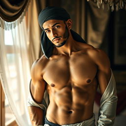 A sensual, artistic representation of a Muslim man in a tasteful and respectful manner, showcasing his strong physique and confident demeanor