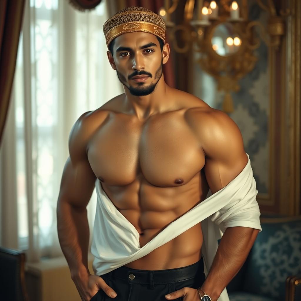 A sensual, artistic representation of a Muslim man in a tasteful and respectful manner, showcasing his strong physique and confident demeanor