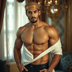 A sensual, artistic representation of a Muslim man in a tasteful and respectful manner, showcasing his strong physique and confident demeanor