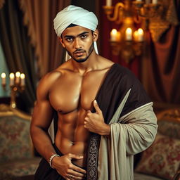 A sensual, artistic representation of a Muslim man in a tasteful and respectful manner, showcasing his strong physique and confident demeanor