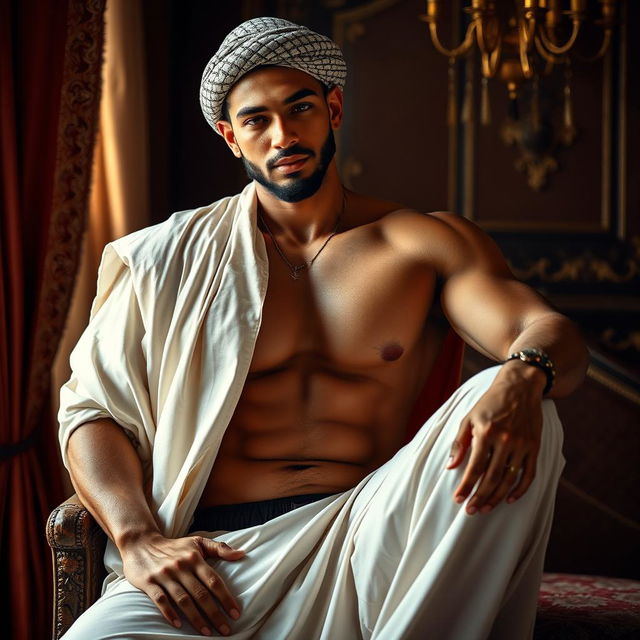 A sensual, artistic representation of a Muslim man in a tasteful and respectful manner, showcasing his strong physique and confident demeanor