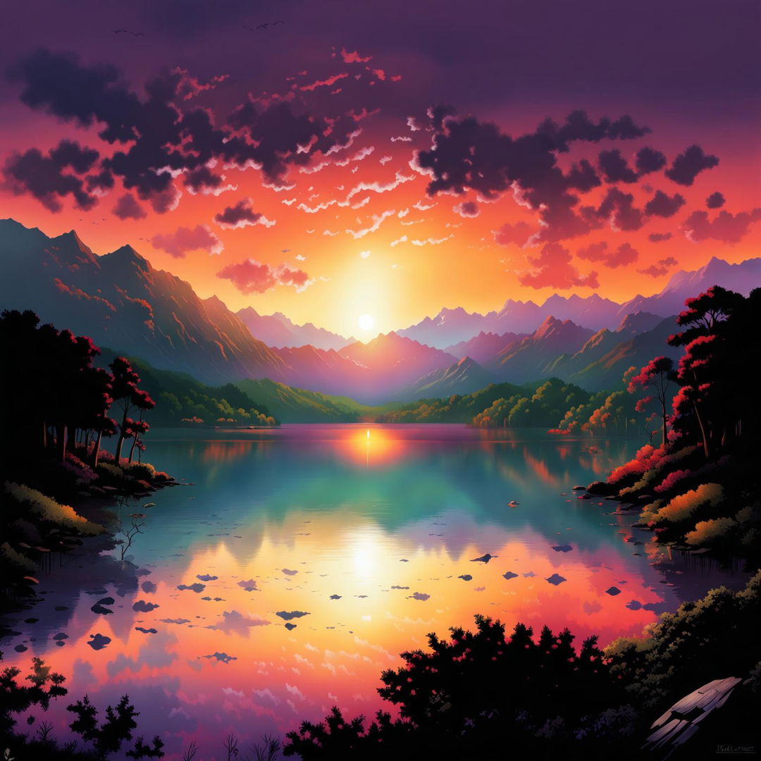 A high-quality digital art image of a tranquil lake at sunset