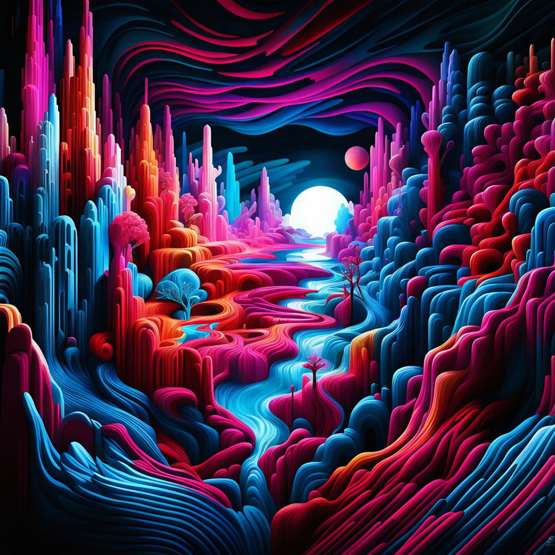 A high-quality digital art image of a psychedelic landscape, filled with vibrant colors and abstract shapes